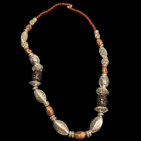 Avon Jewelry - Signed Avon Costume Silver and Neutral Color Tribal Beads Chunky Long Necklace